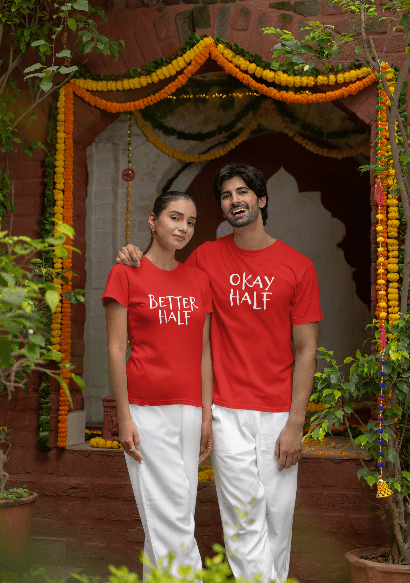 Better Half couples matching T-shirt set in red – funny Better Half and Okay Half graphic tees for partners.
