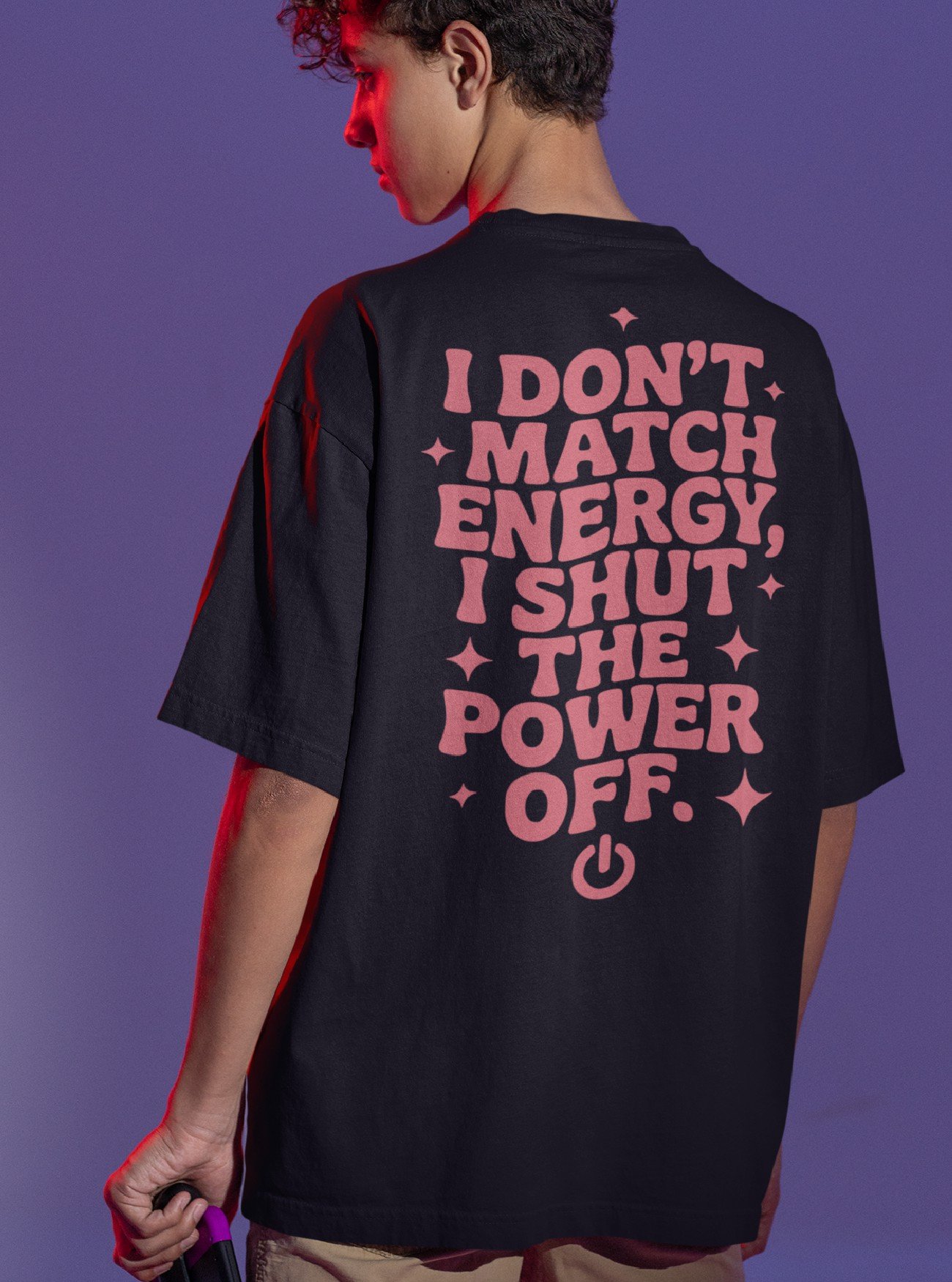 Energy Saver oversized graphic T-shirt back view in white – funny men's tee with bold "I don't match energy" statement.