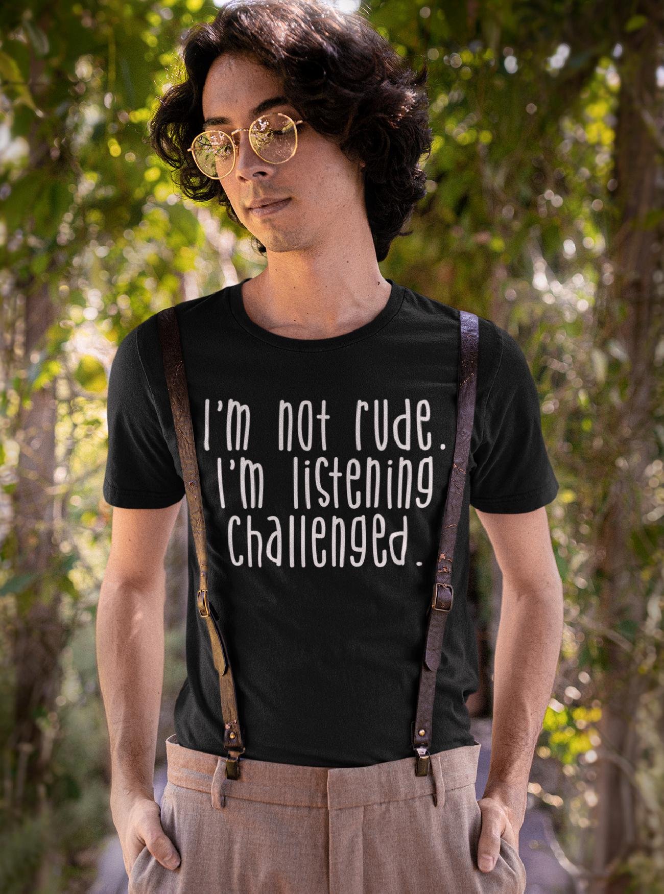 Mute Button graphic T-shirt in black– cheeky design for those who embrace selective hearing with humor.